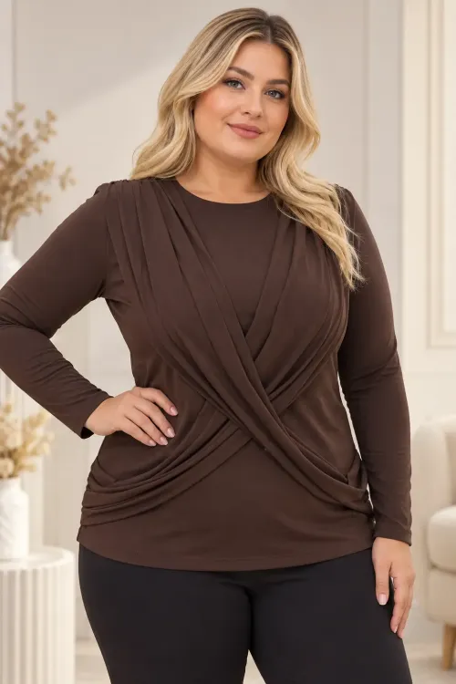 Kadın Kahverengi Bisiklet Yaka Çapraz Drape Detaylı Uzun Kollu Bluz HZL28W-ZSS1150