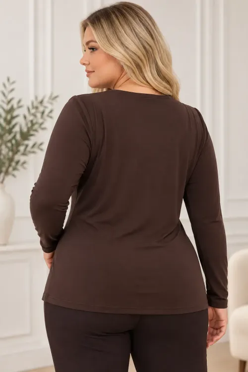 Kadın Kahverengi Bisiklet Yaka Çapraz Drape Detaylı Uzun Kollu Bluz HZL28W-ZSS1150