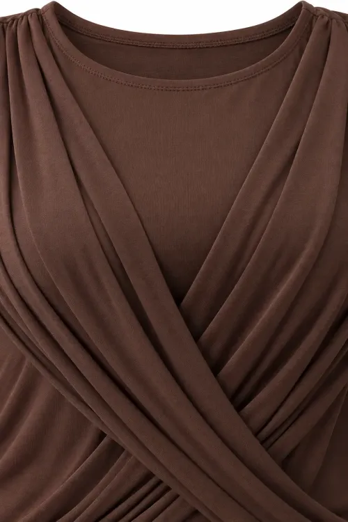 Kadın Kahverengi Büyük Beden Bisiklet Yaka Çapraz Drape Detaylı Uzun Kollu Bluz HZL28W-ZSS1150