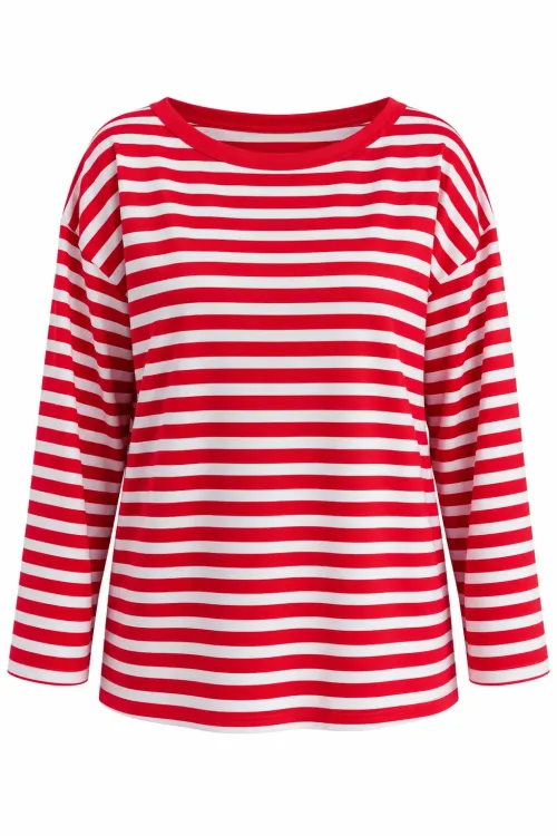 Kadın Kırmızı Beyaz Çizgili Büyük Beden Bisiklet Yaka Düşük Omuz Oversize Bluz HZL26S-ZSS0504