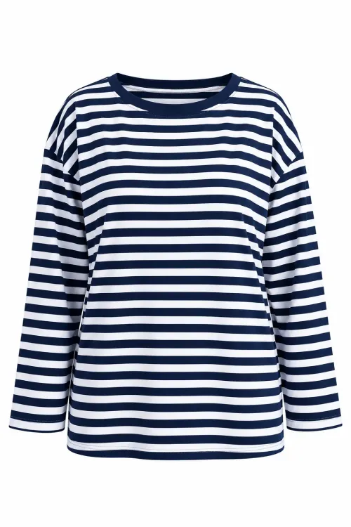 Kadın Lacivert Beyaz Çizgili Büyük Beden Bisiklet Yaka Düşük Omuz Oversize Bluz HZL26S-ZSS0504