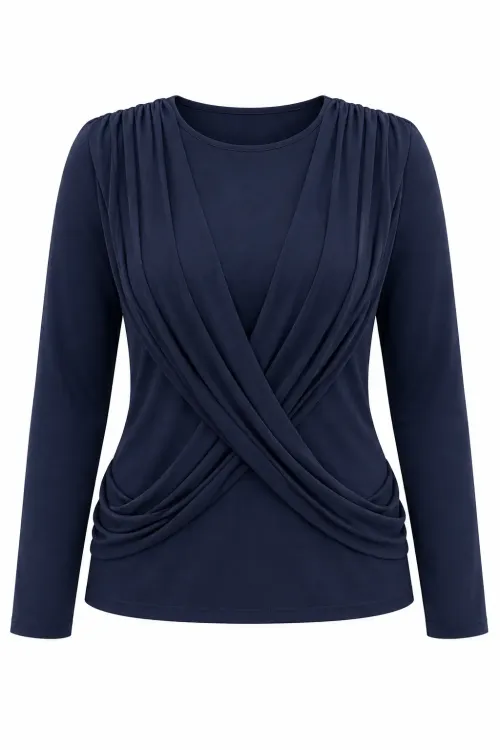 Kadın Lacivert Bisiklet Yaka Çapraz Drape Detaylı Uzun Kollu Bluz HZL28W-ZSS1150