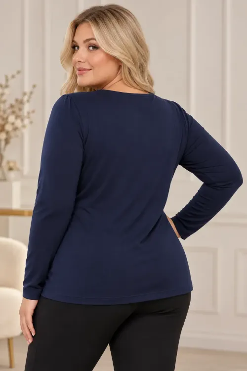 Kadın Lacivert Bisiklet Yaka Çapraz Drape Detaylı Uzun Kollu Bluz HZL28W-ZSS1150