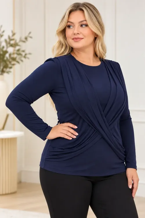 Kadın Lacivert Bisiklet Yaka Çapraz Drape Detaylı Uzun Kollu Bluz HZL28W-ZSS1150