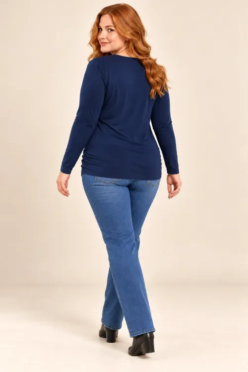 Kadın Lacivert Büyük Beden Bisiklet Yaka Çapraz Drape Detaylı Uzun Kollu Bluz HZL28W-ZSS1150