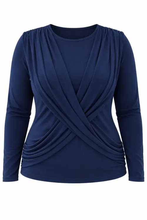 Kadın Lacivert Büyük Beden Bisiklet Yaka Çapraz Drape Detaylı Uzun Kollu Bluz HZL28W-ZSS1150