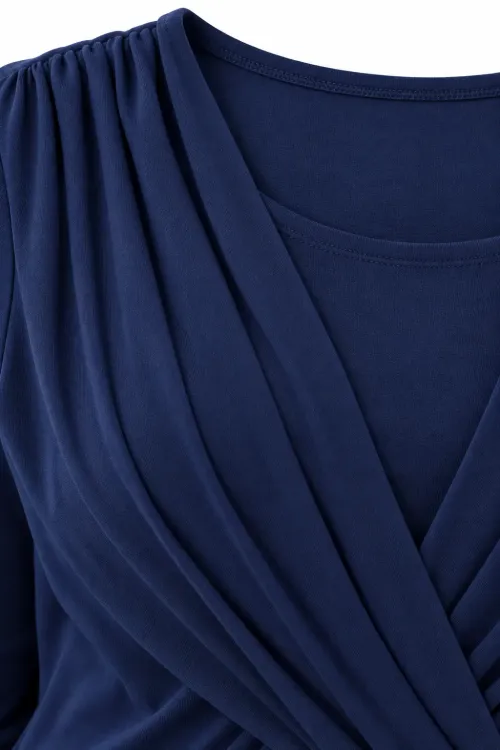 Kadın Lacivert Büyük Beden Bisiklet Yaka Çapraz Drape Detaylı Uzun Kollu Bluz HZL28W-ZSS1150