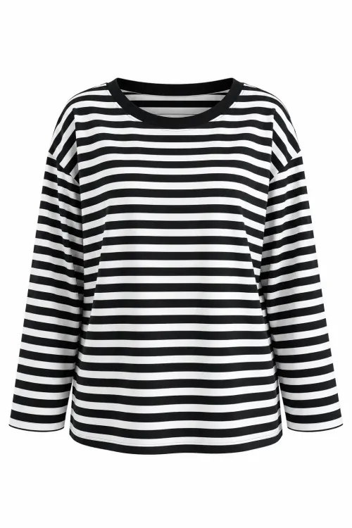 Kadın Siyah Beyaz Çizgili Büyük Beden Bisiklet Yaka Düşük Omuz Oversize Bluz HZL26S-ZSS0504