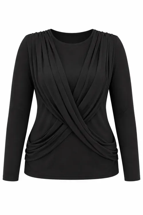 Kadın Siyah Bisiklet Yaka Çapraz Drape Detaylı Uzun Kollu Bluz HZL28W-ZSS1150