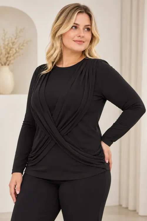 Kadın Siyah Bisiklet Yaka Çapraz Drape Detaylı Uzun Kollu Bluz HZL28W-ZSS1150