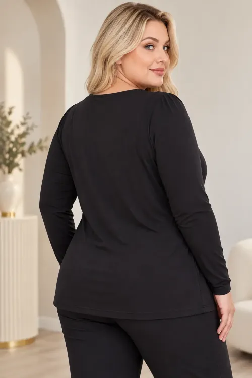 Kadın Siyah Bisiklet Yaka Çapraz Drape Detaylı Uzun Kollu Bluz HZL28W-ZSS1150