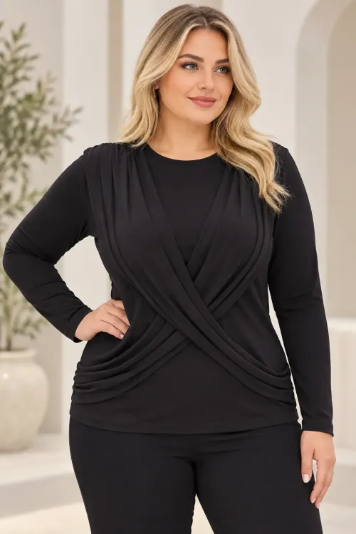 Kadın Siyah Bisiklet Yaka Çapraz Drape Detaylı Uzun Kollu Bluz HZL28W-ZSS1150
