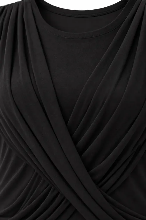 Kadın Siyah Büyük Beden Bisiklet Yaka Çapraz Drape Detaylı Uzun Kollu Bluz HZL28W-ZSS1150