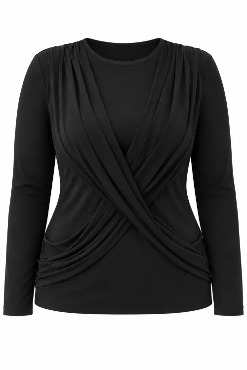 Kadın Siyah Büyük Beden Bisiklet Yaka Çapraz Drape Detaylı Uzun Kollu Bluz HZL28W-ZSS1150