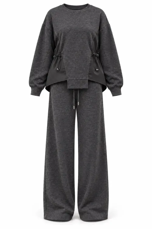 Kadın Siyah Büzgü Detaylı Asimetrik Bluz Bol Paça Pantolon İkili Takım HZL27W-MTH2490