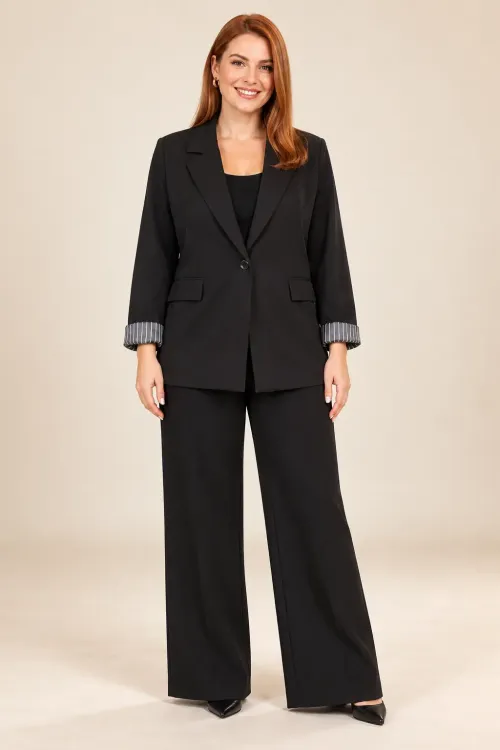 Kadın Siyah Büyük Beden Çizgili Kol Detaylı Tek Düğmeli Blazer Ceket HZL27W-ZSS0919