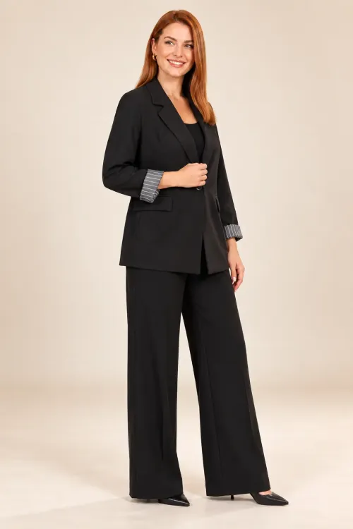 Kadın Siyah Büyük Beden Çizgili Kol Detaylı Tek Düğmeli Blazer Ceket HZL27W-ZSS0919