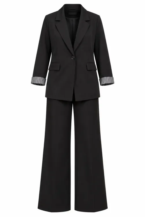 Kadın Siyah Büyük Beden Çizgili Kol Detaylı Tek Düğmeli Blazer Ceket HZL27W-ZSS0919