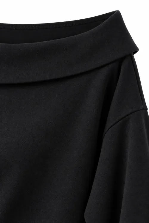 Kadın Siyah Kayık Yaka Düşük Omuzlu Salaş Bluz Bol Paça Pantolon İkili Takım HZL26S-WM234