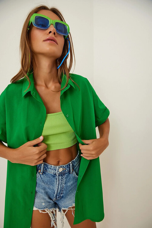 Kadın Koyu Yeşil Oversize Uzun Kısa Kollu Basic Poplin Gömlek HZL22S-BD1201201
