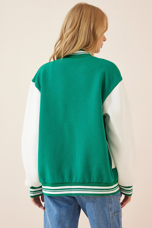 Kadın Yeşil Harf Armalı Çıt Çıt Kapamalı Şardonlu Kolej Örme Mont HZL23W-BD1553861