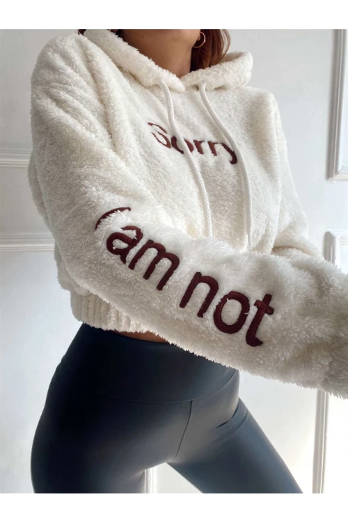 Kadın Beyaz Sorry Baskılı  Beli Lastikli Rahat Peluş Sweatshirt HZL23W-BD1553981