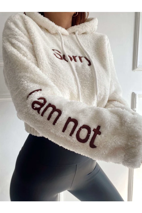 Kadın Beyaz Sorry Baskılı  Beli Lastikli Rahat Peluş Sweatshirt HZL23W-BD1553981