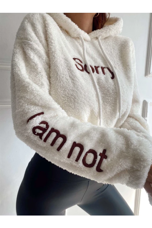 Kadın Beyaz Sorry Baskılı  Beli Lastikli Rahat Peluş Sweatshirt HZL23W-BD1553981