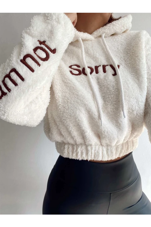 Kadın Beyaz Sorry Baskılı  Beli Lastikli Rahat Peluş Sweatshirt HZL23W-BD1553981