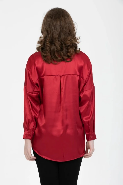 Kadın Bordo Oversize Dökümlü Saten Yüzeyli Gömlek HZL23S-BD139851