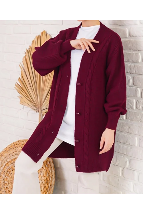 Kadın Bordo Saç Örgü Desen Uzun Düğmeli Rahat Kesim Triko Hırka HZL23W-BD1100691
