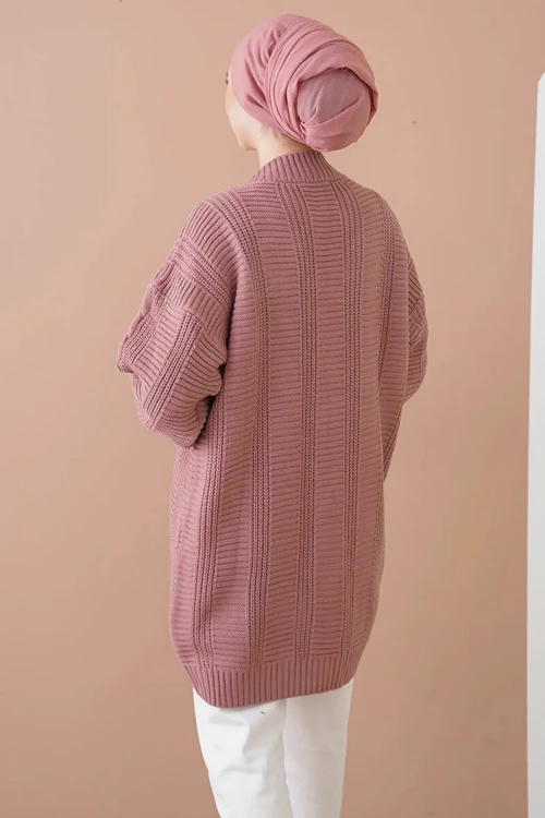 Kadın Tesettür Gül Kurusu Saç Örgü Desen Uzun Düğmeli Rahat Kesim Triko Hırka HZL24W-BD1100691