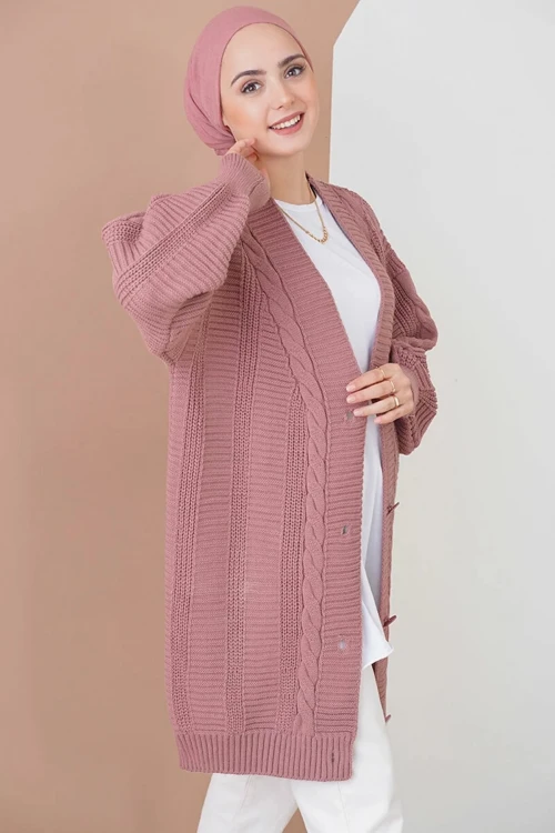 Kadın Tesettür Gül Kurusu Saç Örgü Desen Uzun Düğmeli Rahat Kesim Triko Hırka HZL24W-BD1100691