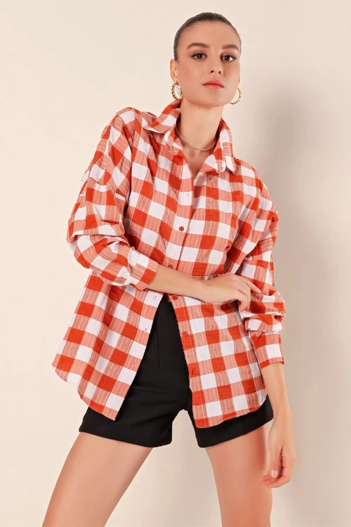 Kadın Kiremit Beyaz Ekose Gömlek HZL22W-BD1201451