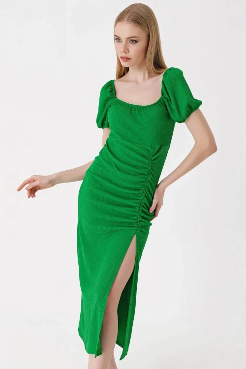 Kadın Koyu Yeşil Yırtmaçlı Yazlık Örme Elbise HZL23S-BD123961