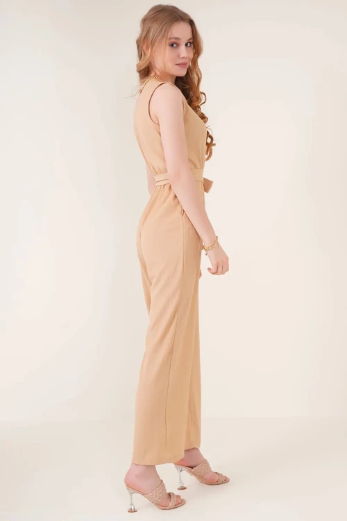 Kadın Krem Beli Lastikli Derin Kruvaze V Yaka Kemerli Örme Tulum HZL22S-BD170211