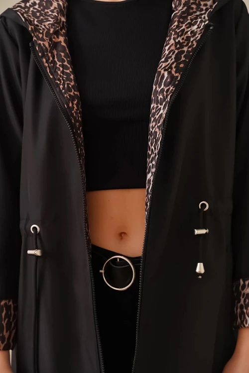 Kadın Leopar Desenli Siyah Beli Büzgülü Kapşonlu Uzun Trençkot HZL22W-BD190911