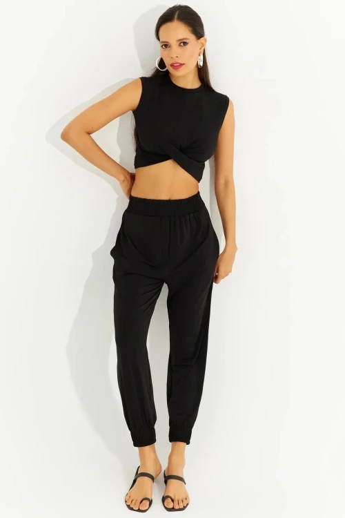 Kadın Siyah Önü Düğümlü Alt-Üst İkili Şalvar Takım HZL23S-SND120141