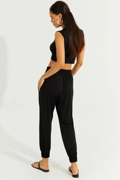 Kadın Siyah Önü Düğümlü Alt-Üst İkili Şalvar Takım HZL23S-SND120141