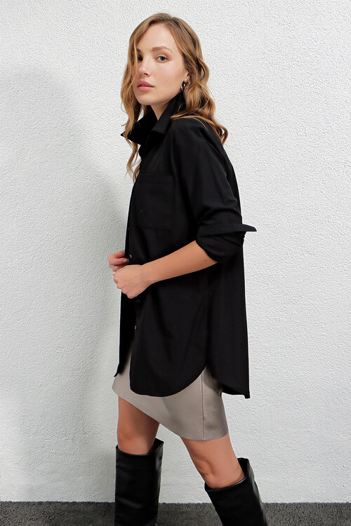 Kadın Siyah Yandan Yırtmaçlı  Ip Büzgülü  Gömlek HZL23W-BD1201321