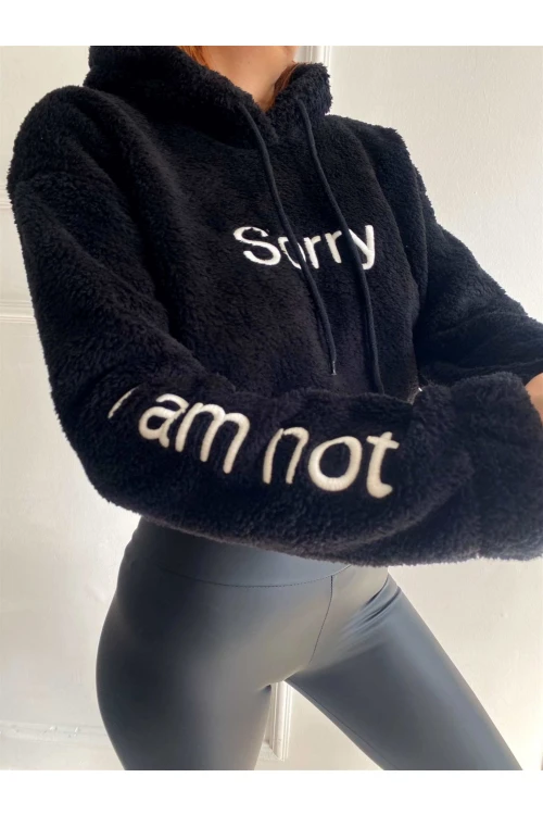 Kadın Siyah Sorry Baskılı  Beli Lastikli Rahat Peluş Sweatshirt HZL23W-BD1553981