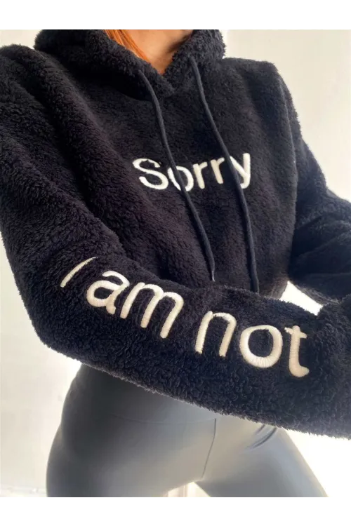 Kadın Siyah Sorry Baskılı  Beli Lastikli Rahat Peluş Sweatshirt HZL23W-BD1553981
