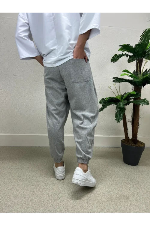 Erkek Açık Gri Beli ve Paçası Lastikli Bol Kesim Cepli Jogger Eşofman Altı HZL24S-MXC8989-211