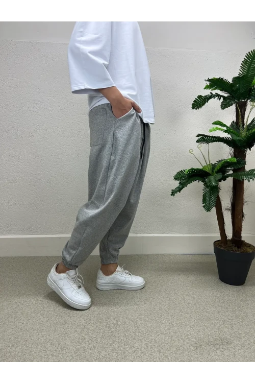 Erkek Açık Gri Beli ve Paçası Lastikli Bol Kesim Cepli Jogger Eşofman Altı HZL24S-MXC8989-211
