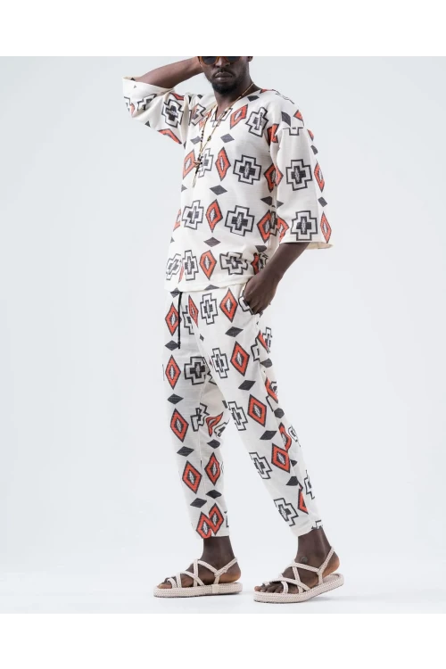Erkek Beyaz Geometri Desenli Beli İp Bağlamalı Düz Kesim Pantolon Eşofman Altı HZL24S-MXC8948-149