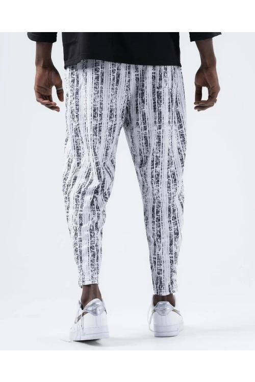 Erkek Beyaz Siyah Desenli Beli İp Bağlamalı Düz Kesim Cepli Pantolon Eşofman Altı HZL24S-MXC8948-218