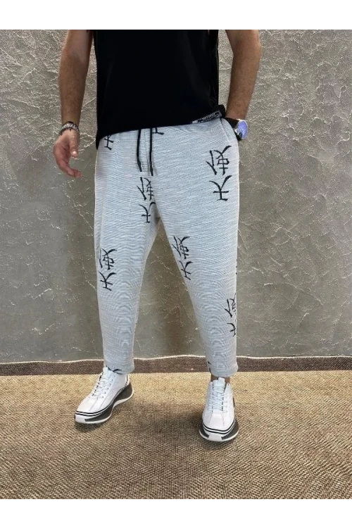 Erkek Gri Japon Desenli Beli İp Bağlamalı Düz Kesim Pantolon Eşofman Altı HZL24S-MXC8948-193