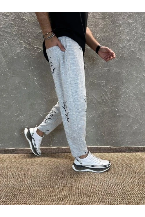 Erkek Gri Japon Desenli Beli İp Bağlamalı Düz Kesim Pantolon Eşofman Altı HZL24S-MXC8948-193