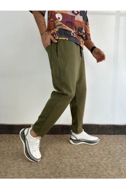 Erkek Haki Yeşil Beli İp Bağlamalı Düz Kesim Cepli Pantolon Eşofman Altı HZL24S-MXC8948-194