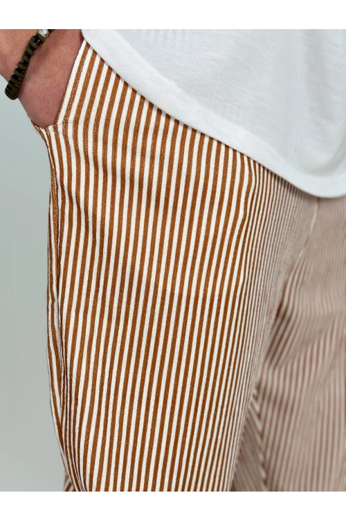 Erkek Taba Beyaz Çizgili Beli İp Bağlamalı Düz Kesim Cepli Pantolon Eşofman Altı HZL24S-MXC8948-179